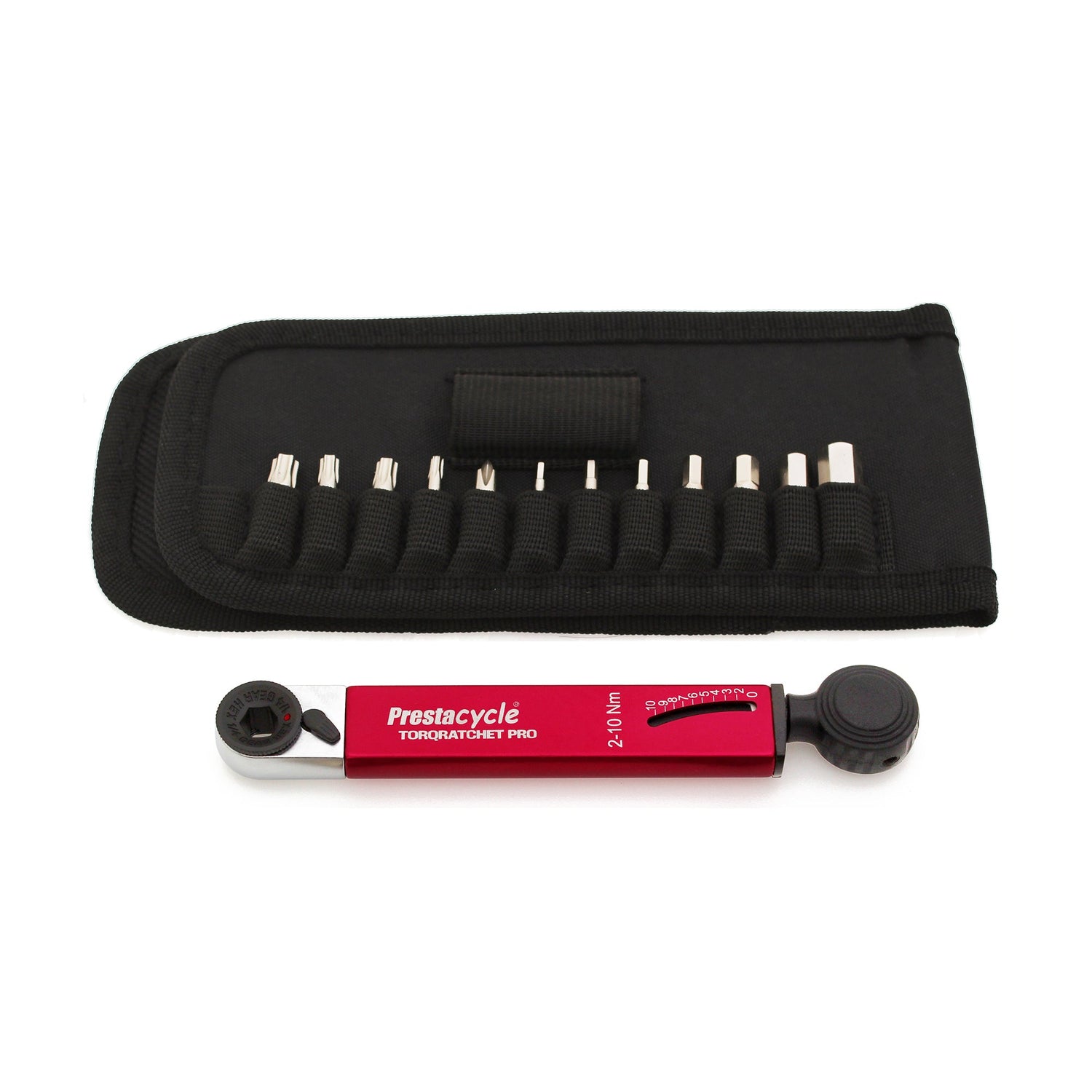 The Prestacycle TorqRatchet PRO Wallet is shown with a black adjustment dial, ten interchangeable bits, and a black carrying case—an essential bike tool for precise 2~10Nm adjustments.