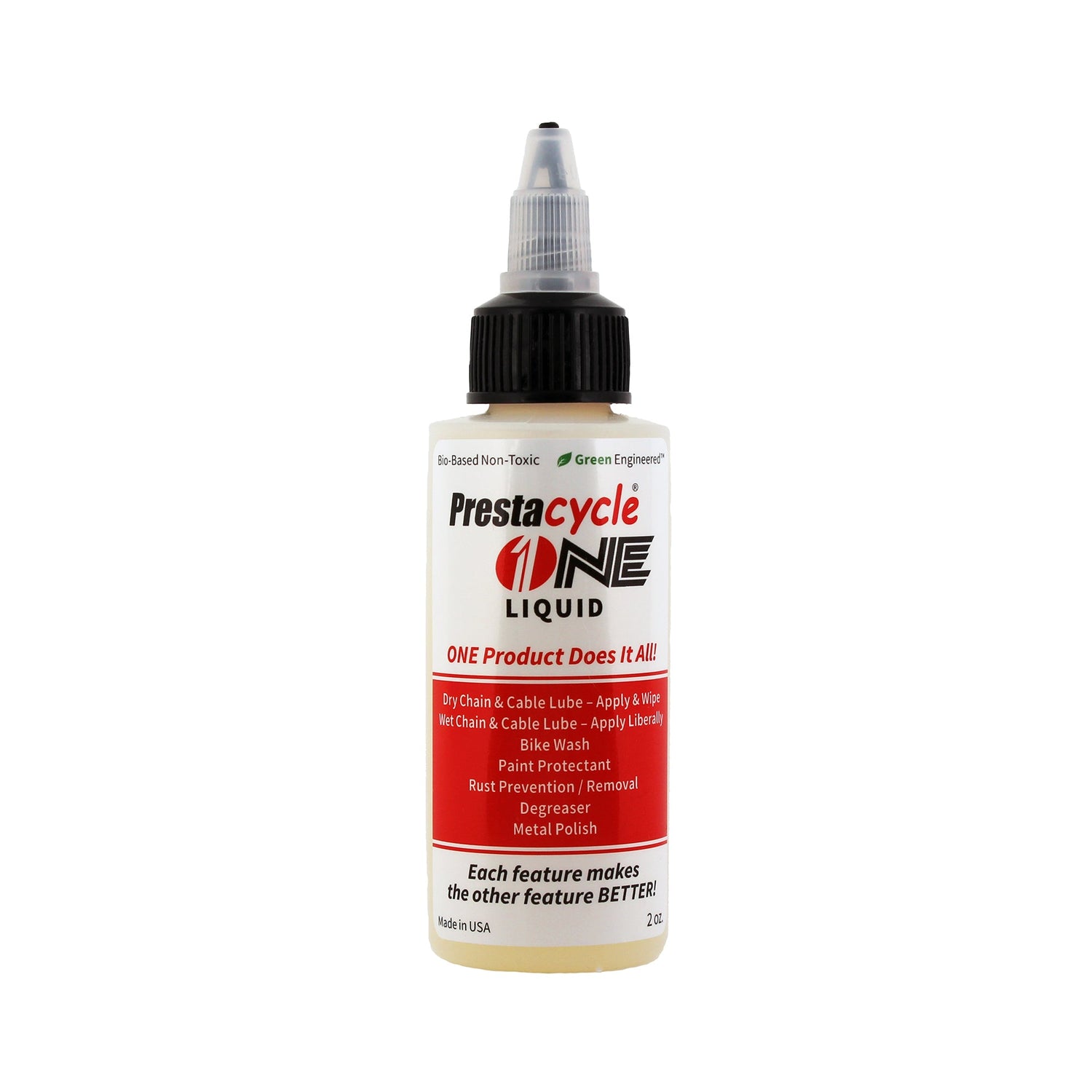 A bottle of Prestacycle One Liquid with a black twist cap and red/black text describes it as a bike chain lube, cleaner, and polish. The label highlights its Dry Lube feature, multifunctionality, and eco-friendly formula.