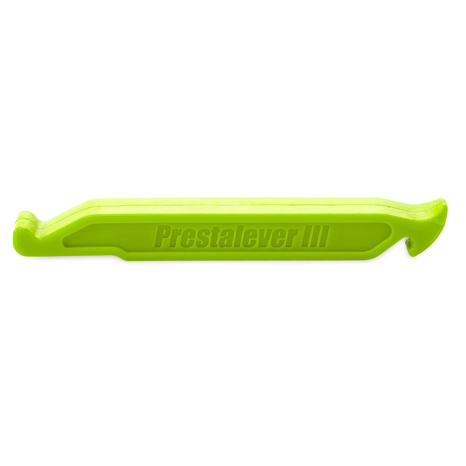 The Prestalever GO is a bright green plastic tire lever for removing bike tires. It features a hooked end, flat edge, Presta valve core tool, and serves as a 4/5 function multi-tool.