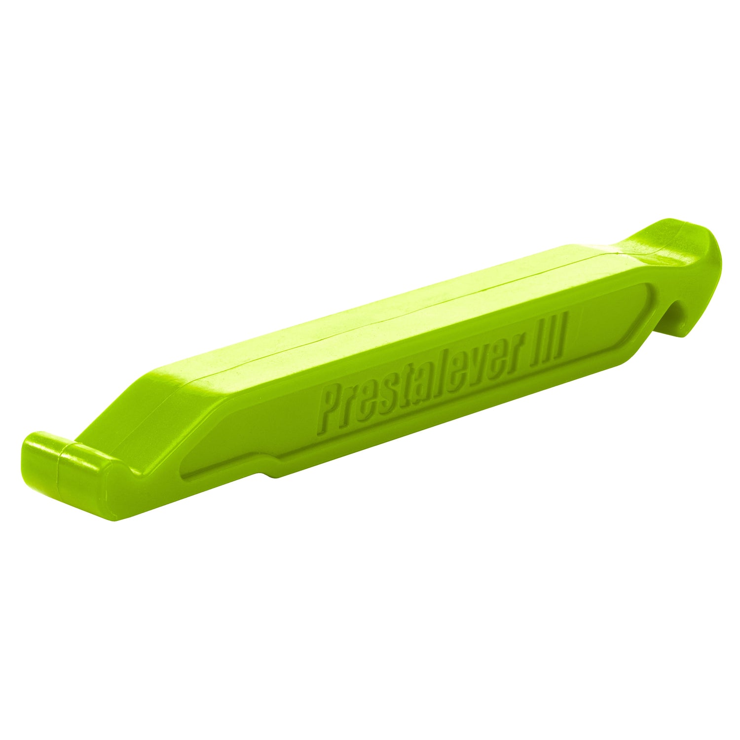 The Prestalever GO - 4/5 Function Multi-tool Tire Lever is a bright green plastic tire lever for removing bicycle tires from rims, featuring a built-in Presta Valve Core tool for added convenience.