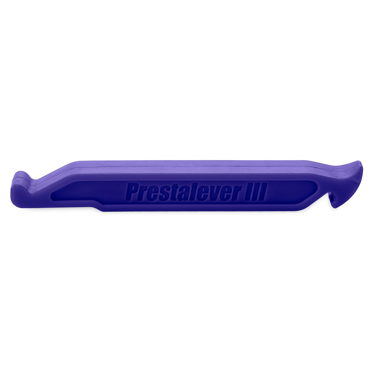 The Prestalever GO - 4/5 Function Multi-tool Tire Lever is a purple plastic tool for removing bicycle tires and servicing Presta valve cores, shown on a white background.