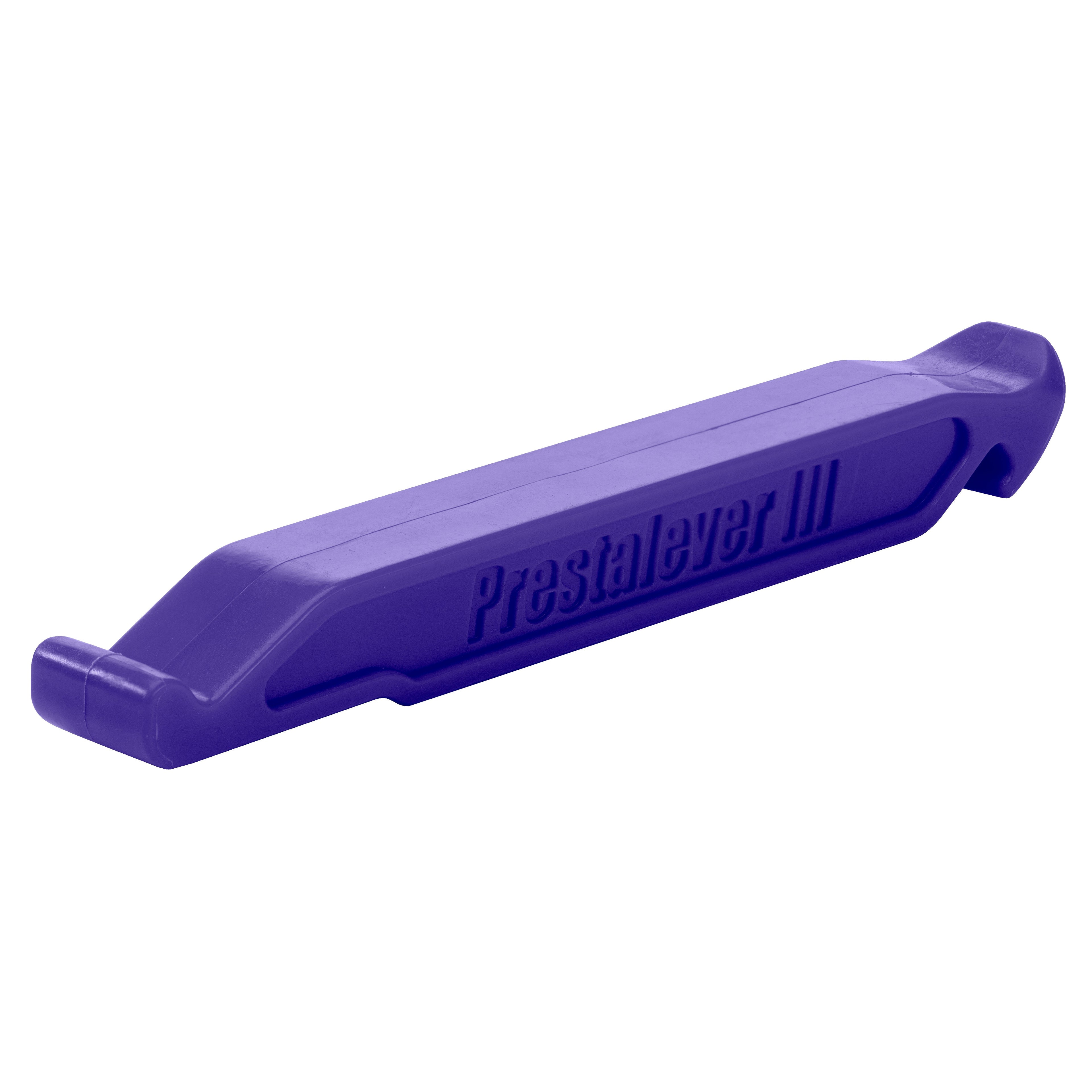The Prestalever GO - 4/5 Function Multi-tool Tire Lever is a purple plastic lever with angled ends for prying tires off rims and compatibility with Presta valve core tools.