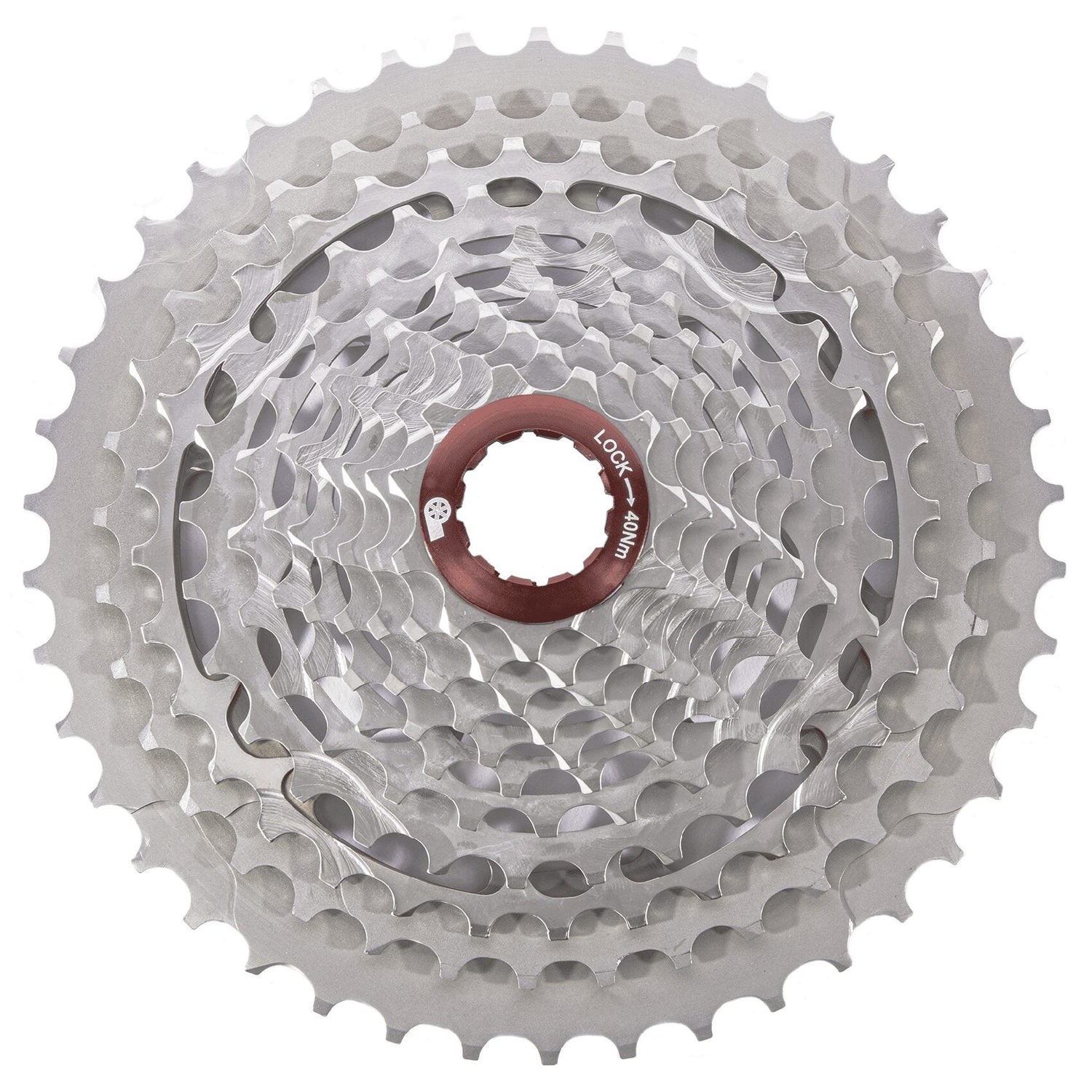A close-up of the Prestacycle Uniblock PRO Gravel Cassette (11 Speed) (Shimano) reveals multiple chromoly steel gears arranged concentrically, with a red center lockring marked LOCK - 40Nm.
