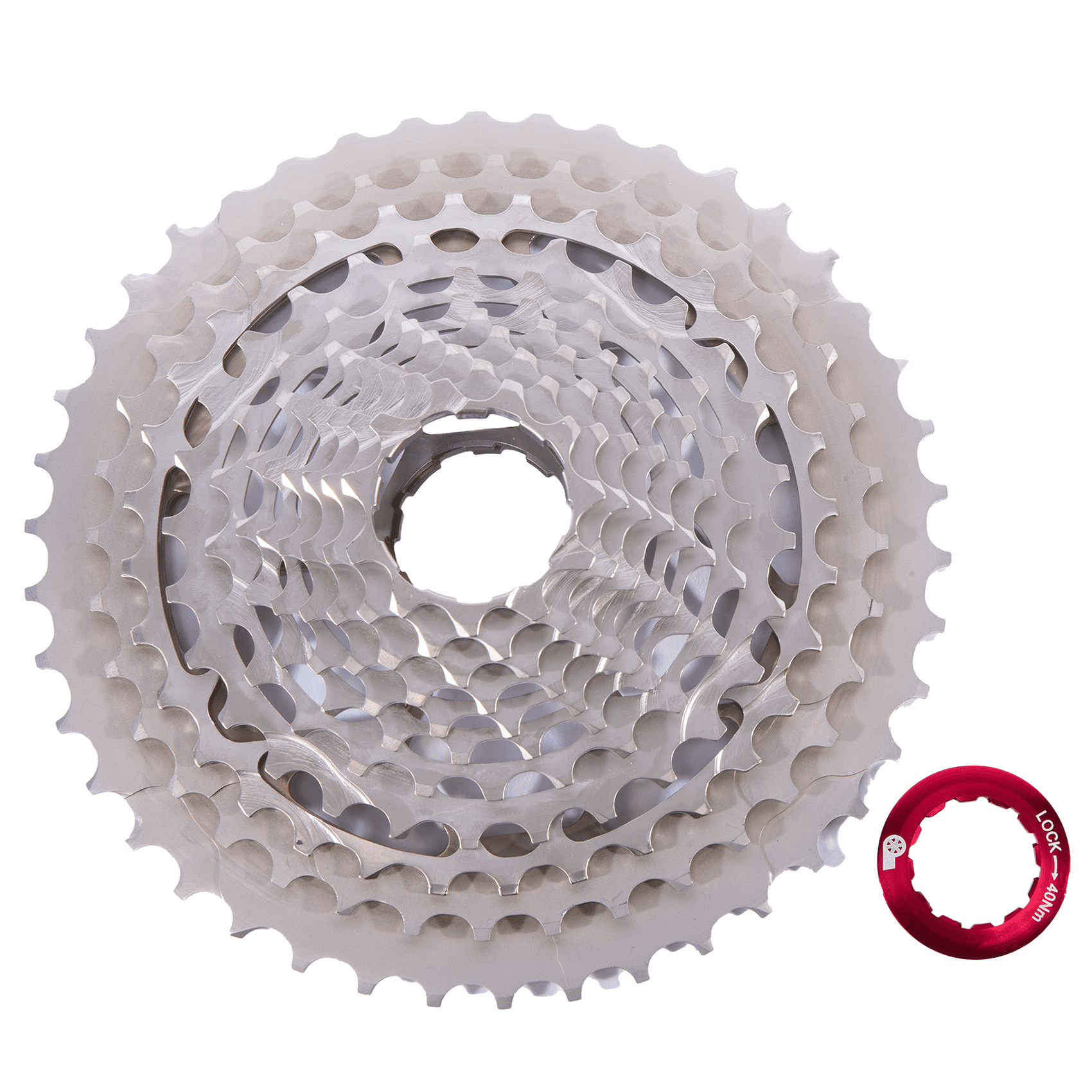 A close-up of a silver Prestacycle Uniblock PRO Gravel Cassette (11 Speed, Shimano) with multiple gears in a spiral, next to a red lockring on a white background. This cassette delivers precision and durability for cyclists.